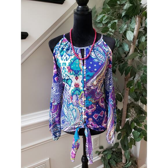 Chico's Shirt Top Women 0 Multicolor Cold Shoulder Sleeve Keyhole Back Tie Hem - Picture 1 of 11